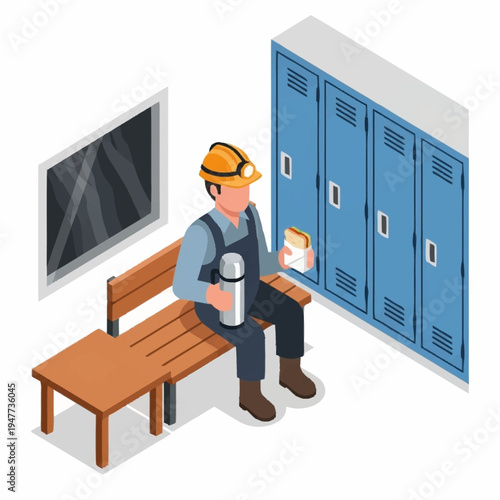 A construction worker in a hard hat takes a break, sitting on a bench with a thermos and sandwich next to lockers.