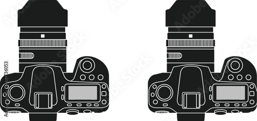 DSLR camera back view outline vector illustration, professional photography equipment with telephoto lens isolated design template for stock download