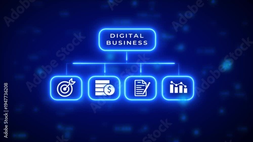 A glowing neon blue organizational chart illustrating digital business with a central box labeled DIGITALBUSINES connected to four target, coins, document with pencil, and bar graph