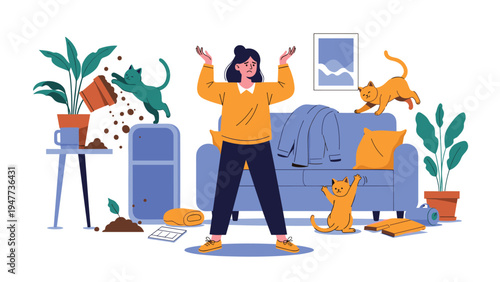 Stressed woman looks at her messy living room as three playful kittens cause trouble by knocking over plants and scratching furniture.