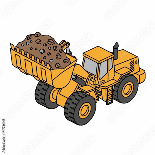 A yellow front-end loader is shown from a slightly elevated side angle, carrying a full bucket of dirt and rocks.