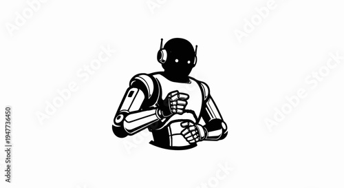 Silhouette of a robot with antennas and glowing eyes, in a defensive pose