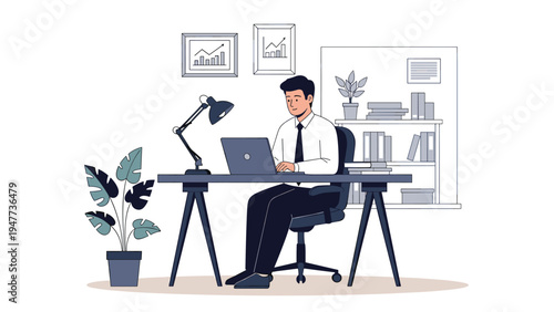 Dedicated businessman works on his laptop in a tidy home office environment featuring indoor plants and statistical charts on walls.