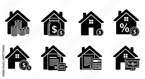 Real Estate Investment Icons: Money, Budgeting, Loans, and Financial Planning for Housing