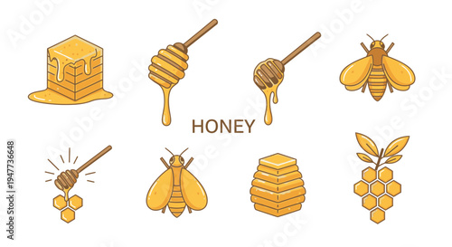 Honey bee icons and honeycomb illustrations.