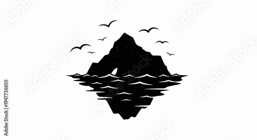 Silhouette of a rocky island with an opening, surrounded by choppy seas and flying birds