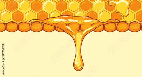 Golden honey dripping from honeycomb.
