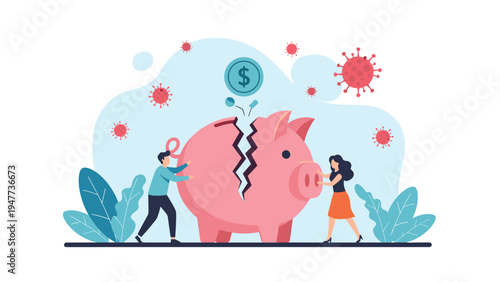 People try to hold together a large broken piggy bank during a financial crisis caused by the global pandemic and economic downturn.