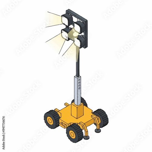 Illustration of a portable, multi-directional light tower with four adjustable floodlights mounted on a wheeled base with stabilizers.