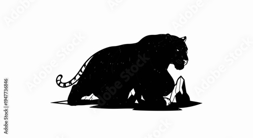 Silhouette of a black panther with sharp eyes, walking on rocky terrain