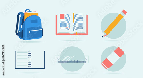 School supplies icons on white background.