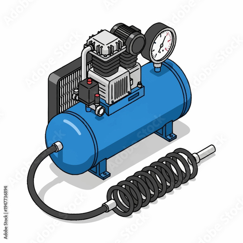 A blue industrial air compressor machine.