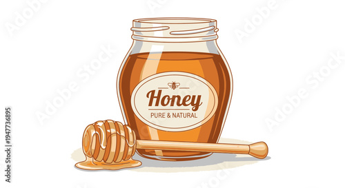 Honey jar with dipper and lid.
