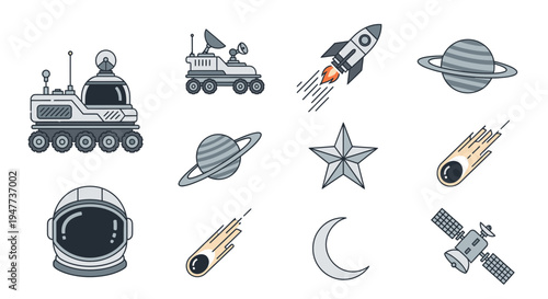 Space exploration vehicles and celestial bodies.