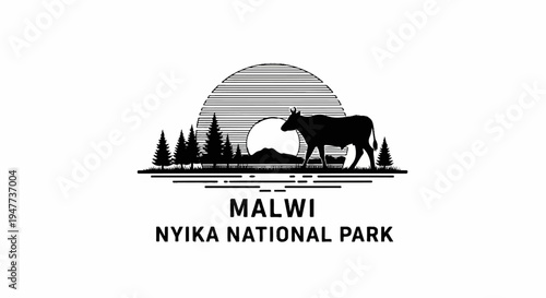 Silhouette of a bovine animal walking in front of a striped sun and trees