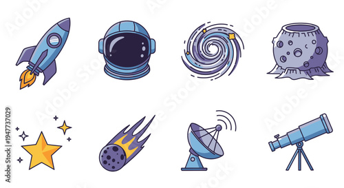 Space icons with rocket and telescope 1.