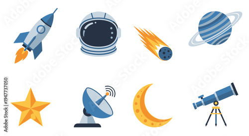 Space icons with rocket and telescope 8.
