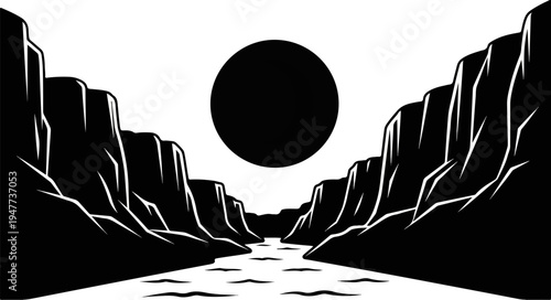 Stark black sun looms over a winding river between imposing cliff faces