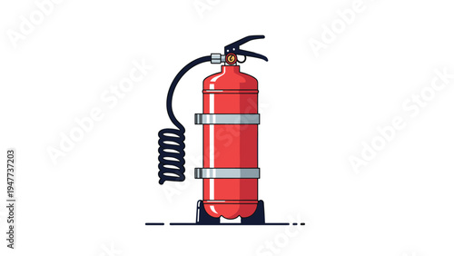 Vector illustration of a red fire extinguisher with a black coiled hose used for safety and emergency protection against small fires.