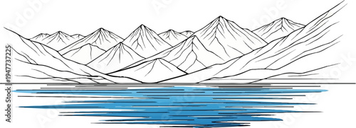 Stark mountain peaks reflected in serene, rippling blue water