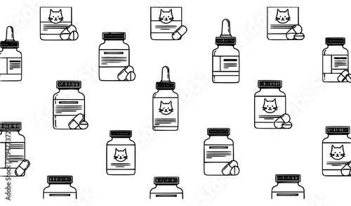 Pet veterinary pill bottle line icons seamless pattern with cat medicine container vector