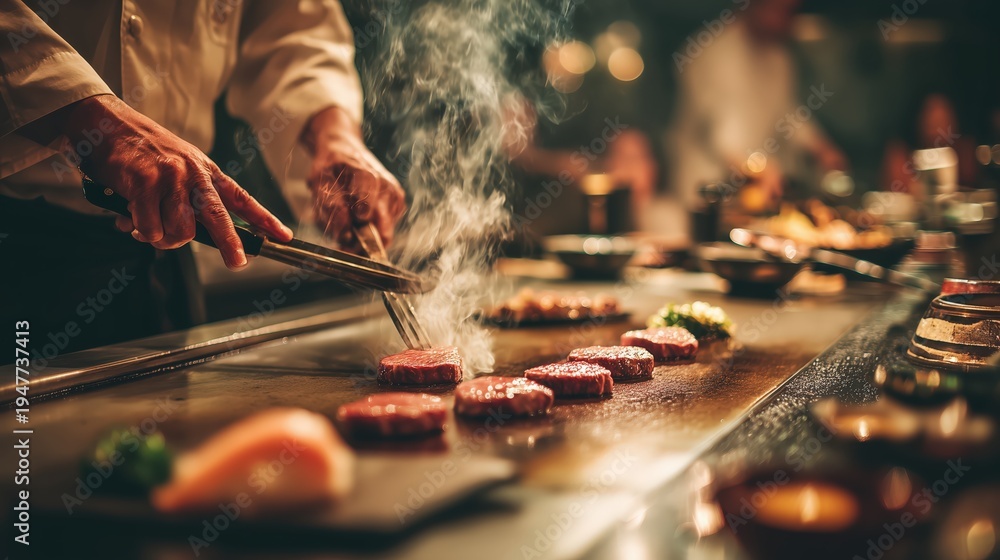 Fototapeta premium Chef expertly grilling premium meat cuts on a sizzling iron plate, crafting a luxurious dish for diners