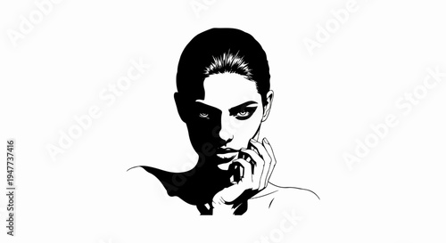 Stark contrast graphic portrait of a woman with hand to face