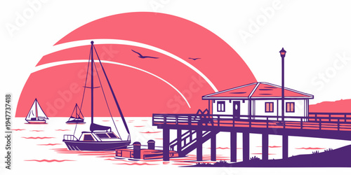 A pier with a building and a sailboat in the water at sunset Vector