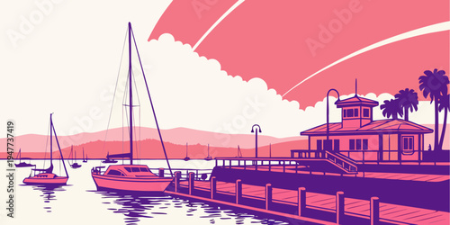 A purple and pink dock with boats and a building Vector