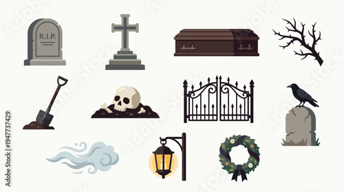 A collection of spooky and gothic-themed illustrations, including a tombstone, cross, coffin, skull, crow, and other cemetery elements.