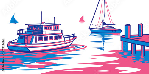 Boats are docked at a pier on a sunny day Vector