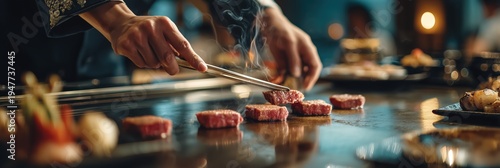 Chef hands cooking premium cuts of meat on hot teppanyaki grill in japanese restaurant, preparing gourmet wagyu beef