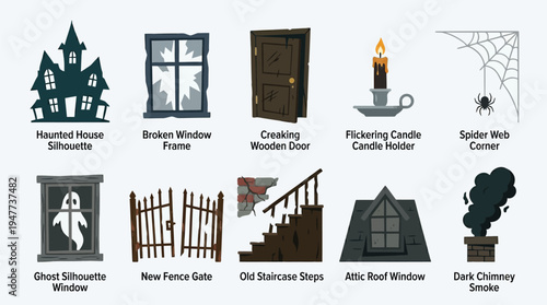 Collection of spooky Halloween-themed graphic elements including a haunted house, broken window, wooden door, candle, spider web, ghost, fence, stairs, attic window, and chimney smoke.