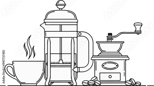 Steam rises from a coffee cup next to a French press and grinder