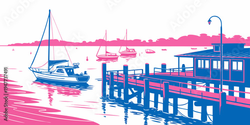 A dock with a boat in the water Vector