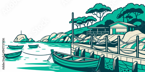 A boat is sitting on the shore of a body of water Vector