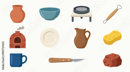 A collection of pottery and ceramic crafting tools and finished items, including a kiln, wheel, vases, bowls, and a sponge.