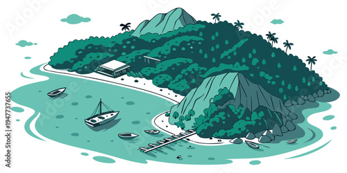 A small island with a mountain and boats in the water Vector