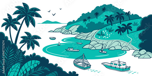 A scenic tropical island with boats and palm trees Vector