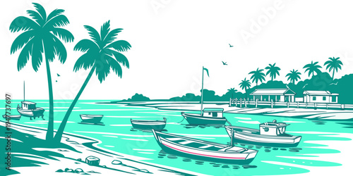 A serene tropical beach with boats and palm trees Vector