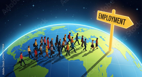 People walking towards employment opportunity.