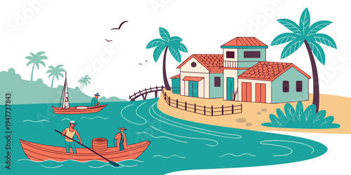 A house on the beach with a boat in the water Vector