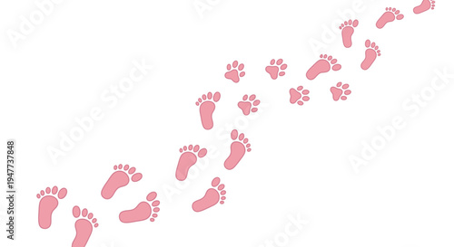 Pink human footprints and dog paw prints walking diagonally across a white background.