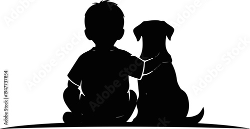 Silhouette of a child and dog sitting together, a symbol of companionship