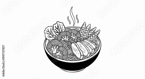 Steaming bowl of noodles with chicken, broccoli, and peas