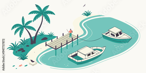 A tropical island with palm trees and boats in the water Vector