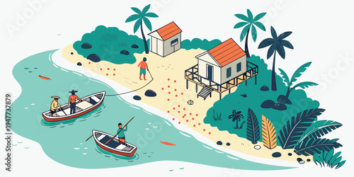 A beach scene with a small island and boats Vector