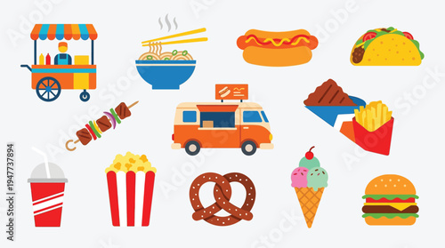 A vibrant collection of diverse street food illustrations, including a food truck, cart, noodles, hot dog, taco, skewers, fries, popcorn, pretzel, ice cream, and a burger.