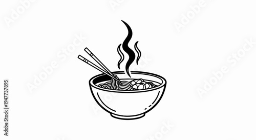 Steaming bowl of noodles with chopsticks, simple line art illustration
