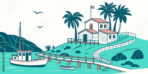 A house on a hill overlooking a docked boat Vector